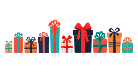 A collection of colorful and festive gift boxes with ribbons and bows, arranged in a line on a transparent background