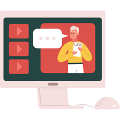 Elderly Man In Yellow Sweater Holding Law Document On Computer Screen With Play Buttons And Speech Bubble Online Education Concept