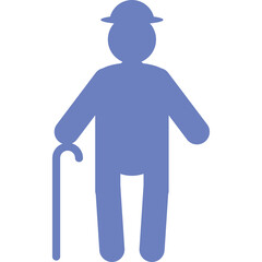 Elderly Man Silhouette Holding Cane Wearing Hat Blue Tint Standing Front View Isolated Simple Graphic Representation