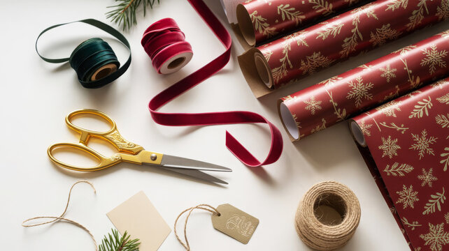 A flatlay photograph of gift wrapping materials
artfully arranged on a clean white surface. Shiny gold scissors with ornate handles rest beside spools of velvet ribbon in deep burgundy and forest