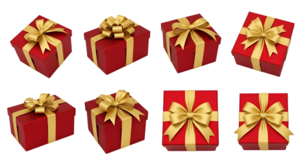 Several red gift boxes adorned with golden ribbons and bows, presented against a clean transparent background