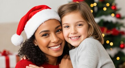 Smiling African American woman in Santa hat embracing happy young Caucasian girl during festive Christmas holiday celebration indoors