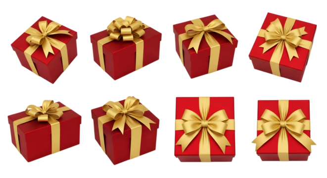 Several red gift boxes adorned with golden ribbons and bows, presented against a clean transparent background