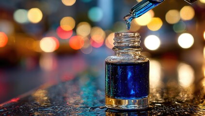 Nighttime essence drop. Blue liquid poured into a bottle. Blurred city lights, rain
