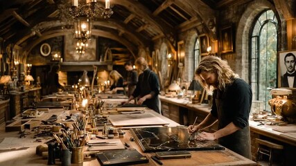 Artistic Haven: Capturing the essence of creativity and passion, two figures are deeply immersed in their craft within a cozy and intimate atelier, a sanctuary of artistic expression.