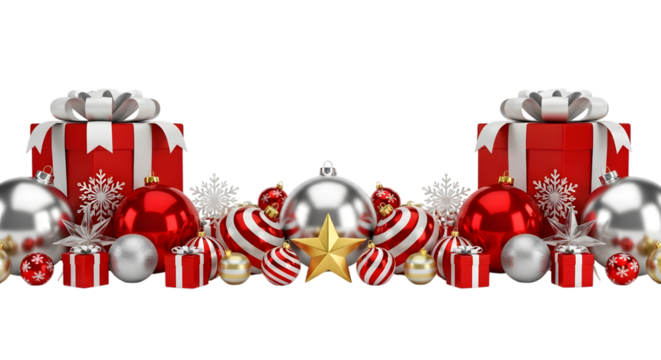 Christmas ornaments and gift boxes arranged in a festive border, isolated on transparent background