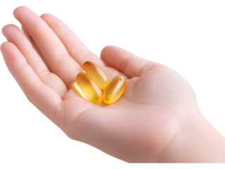 Female hand holding omega capsules isolated on transparent background, perfect for health and wellness visuals..