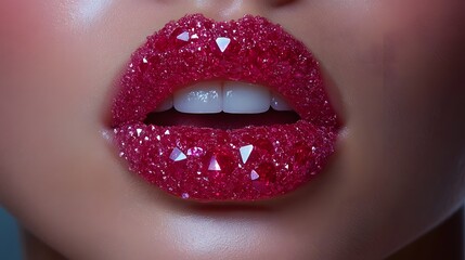 Obraz premium Creative lip art with pink crystalline sugar on model's lips showcasing unique makeup design