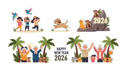 New Year Wishes 2026: A vibrant and colorful illustration conveys the spirit of a new beginning, as various scenes portray joy, exploration, and celebration with the backdrop of the year 2026.