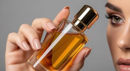 Fototapeta premium Elegant female hand holding perfume bottle with golden cap on gray background