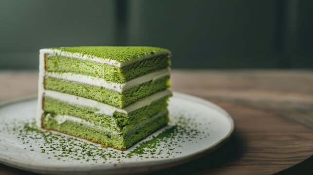 A slice of matcha cake on a white plate. The cake has multiple layers with green tea flavor and is garnished with matcha powder.