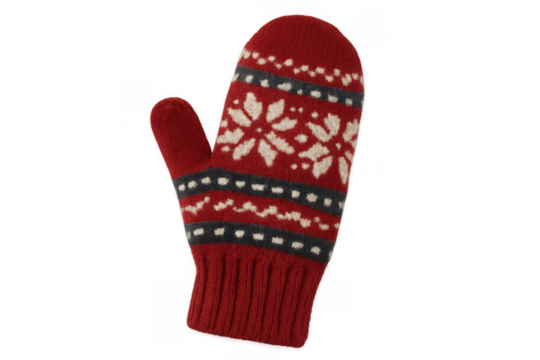 Warm red knitted mitten with white snowflake pattern, providing cozy handwear for cold winter weather