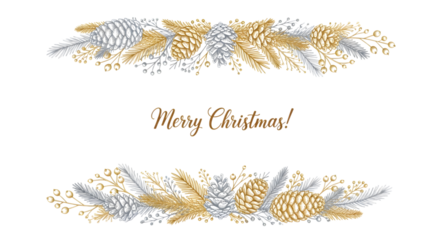 Elegant merry christmas greeting with decorative borders of pine cones, branches, and berries in gold and silver tones isolated on transparent background