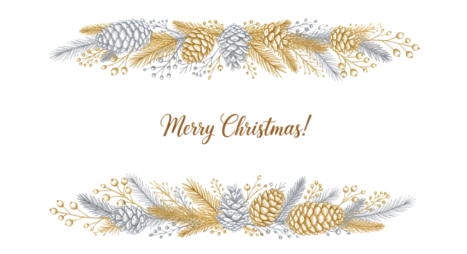 Elegant merry christmas greeting with decorative borders of pine cones, branches, and berries in gold and silver tones isolated on transparent background