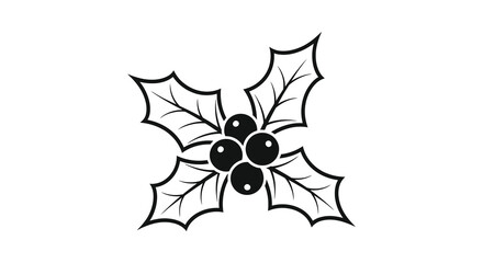 Simple black and white line art illustration of a holly sprig with berries for christmas and winter holidays