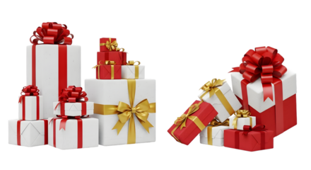 Elegant arrangement of stacked white and red gift boxes with gold and red ribbons, isolated on transparent background