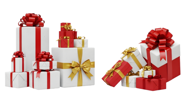 Elegant arrangement of stacked white and red gift boxes with gold and red ribbons, isolated on transparent background