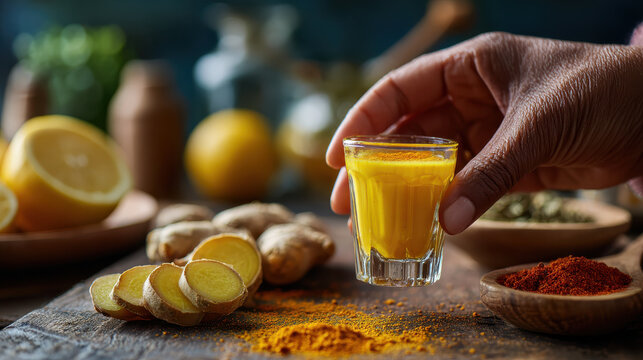 Fresh turmeric ginger wellness shot in hand &mdash; immune booster drink
