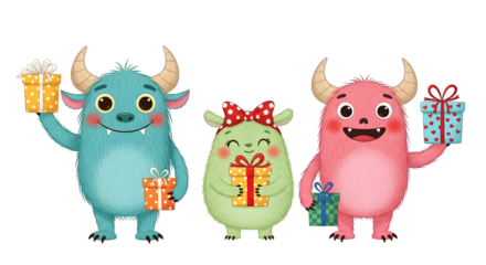 Three cute, colorful cartoon monsters holding gift boxes, celebrating a special occasion with joy and excitement, isolated on transparent background