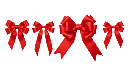 Four red satin bows of various sizes isolated on transparent background