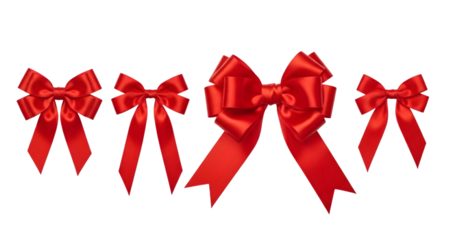 Four red satin bows of various sizes isolated on transparent background