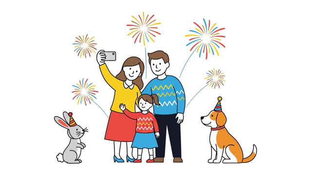 Celebratory Family Moment: Capturing the joyous spirit of togetherness, a family and their pets commemorate a special occasion amidst colorful bursts of fireworks, sharing a memorable moment.