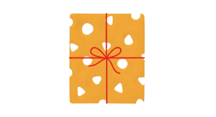 A simple, stylized illustration of a gift box wrapped in orange paper with a white polka dot pattern and tied with a red ribbon bow, isolated on transparent background