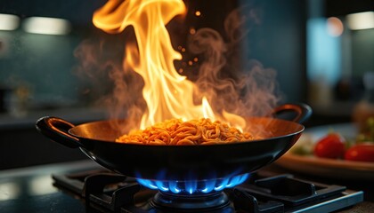 Noodles cook in wok over bright blue gas flame. Steam rises from hot food in pan. Fire engulfs noodles, creating dramatic cooking scene in modern kitchen. Delicious meal prep.