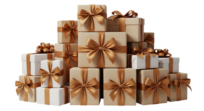 Stack of gift boxes wrapped in kraft paper and white paper with golden ribbon bows isolated on transparent background