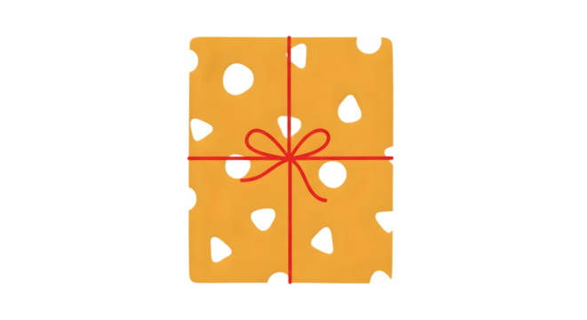 A simple, stylized illustration of a gift box wrapped in orange paper with a white polka dot pattern and tied with a red ribbon bow, isolated on transparent background