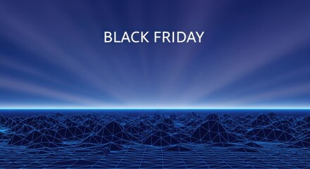 Black friday sale with futuristic blue digital wireframe landscape