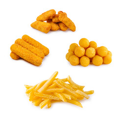 Variety of crispy snacks in different shapes and sizes on a white background