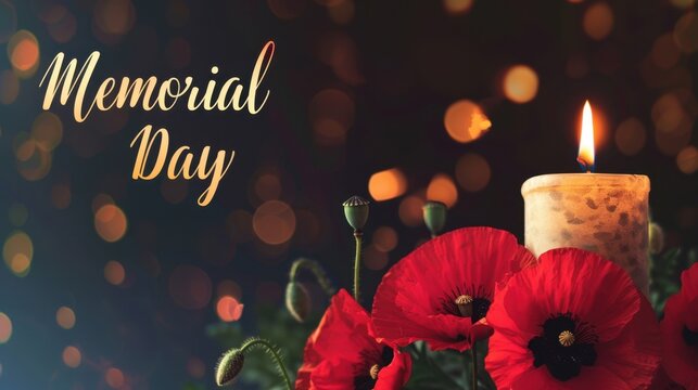 A lit candle surrounded by red poppy flowers on a blurred background with warm bokeh lights. The scene evokes a sense of remembrance and honor.