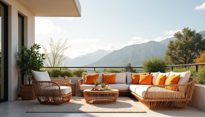Obraz premium Stylish outdoor balcony area with mountain view. Rattan furniture white cushions orange pillows create cozy atmosphere. Sunny day terrace design lounge space. Plants enhance natural vibe relax.
