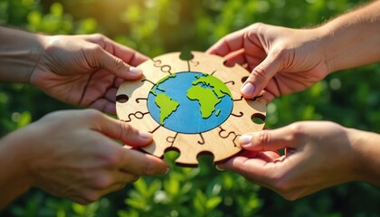 Hands connect wooden puzzle pieces showing planet Earth. People unite global effort, solve environmental issues. Teamwork builds eco-friendly future. Global cooperation protects nature.