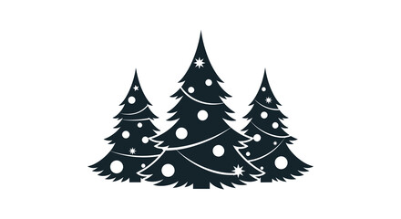 Stylized dark silhouette of three decorated christmas trees with glowing lights and garlands on white background