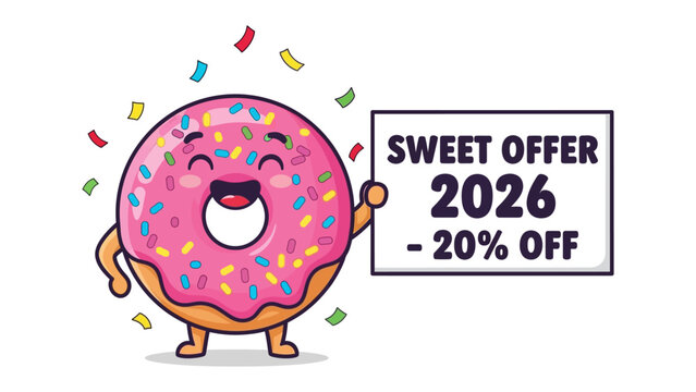 Sweet Offer - Delicious Donut Cartoon: A delightful donut character radiates joy, holding a sign displaying a sweet offer, perfect for culinary and promotional projects.