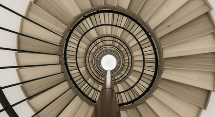 Looking up at a spiral staircase with white steps and metal railing