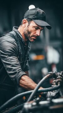 Automotive Technician at Work: A seasoned automotive technician, immersed in the intricate world of machinery, focuses on engine maintenance, wearing a cap and overalls.