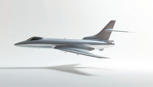 Modern silver jet airplane flying isolated on white background. Sleek aircraft has clean design, represents travel and speed. Futuristic transport symbolizes progress innovation.