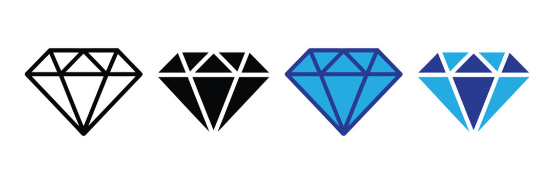 Set of four diamond icons: outline, solid, blue outline, and two-tone blue versions isolated on white background
