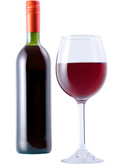 Bottle and glass of red wine isolated on transparent background, perfect for elegant and celebration visuals..