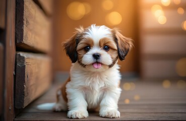 Little Shih Tzu puppy sits on wooden floor. Cute pet looks at camera with tongue out. Small brown, white dog poses playfully indoors. Warm bokeh light illuminates background, creating cozy mood,