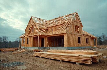 New wooden house under construction. Building structure with exposed framing, roof trusses, and exterior walls. Lumber stacks on site, ready for assembly. Rural undeveloped land setting.
