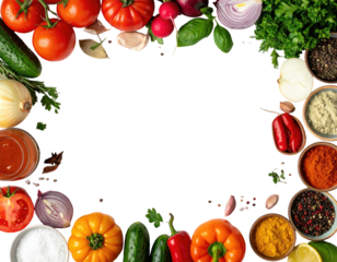 Food frame veggies, herbs, spices around black space