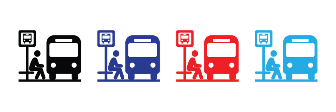 Flat bus stop icons featuring person waiting and a bus in various colors set isolated on white background