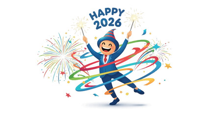 Happy New Year 2026: A cheerful character joyfully celebrates the New Year, igniting sparklers amidst a burst of colorful fireworks and streamers, representing new beginnings and joyful celebrations.