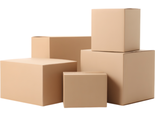 Stack of brown cardboard boxes isolated on transparent background, perfect for packaging and delivery visuals..