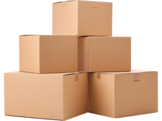 Stack of brown cardboard boxes isolated on transparent background, perfect for packaging and delivery visuals..