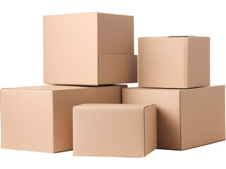 Stack of brown cardboard boxes isolated on transparent background, perfect for packaging and delivery visuals..